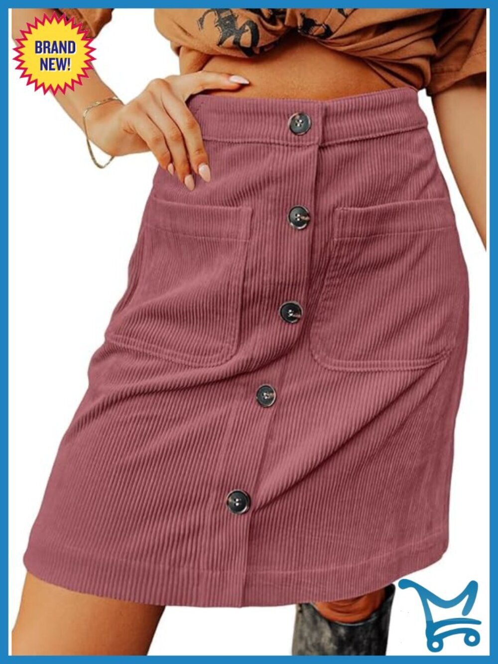 Corduroy Button Down High Waisted A-Line Mini Skirt with Pockets